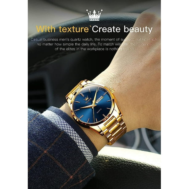 Reloj de acero inoxidable para hombre - Reloj de lujo luminoso, resistente  al agua, cuarzo, dorado, plateado