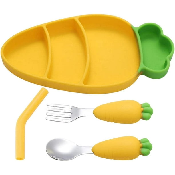 Platos para bebé con ventosa dividida, juego de tenedores y cuchara para  bebés para niños pequeños, platos de silicona para niños con ventosa,  platos