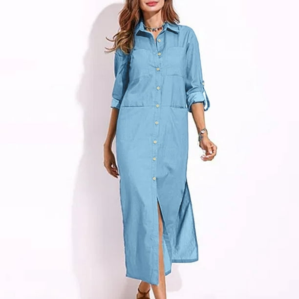 Cárdigan Vestido vaquero con botones para mujer, elegante vestido con  abertura lateral, cárdigan de Kuymtek Azul claro T M para Mujer