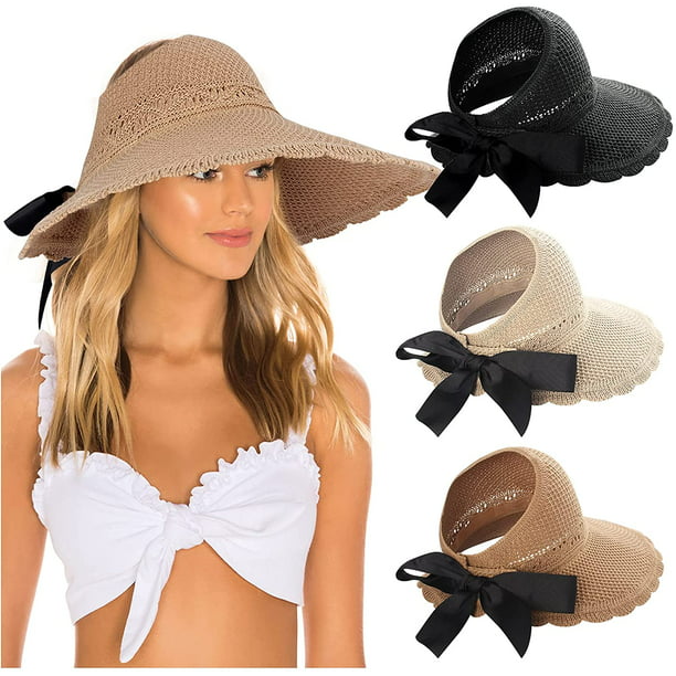 sombrero de sol para mujer, sombreros de paja plegables de ala ancha,  viseras para el sol para mujer, sombrero de playa con lazo de verano  Ofspeizc SM-386-2