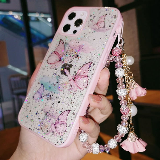Comprar Funda de teléfono de cristal con patrón de mariposa 3D para iPhone  15 14 Pro Max 13 12 11, funda protectora colorida a prueba de golpes con  cuerda de mano