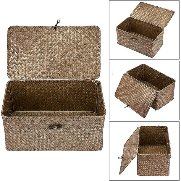  Paquete de 4 cestas de mimbre con tapas, cestas de  almacenamiento de hierba marina náutral, cestas rectangulares tejidas,  organizador de almacenamiento de ratán para estante marrón miel : Hogar y  Cocina
