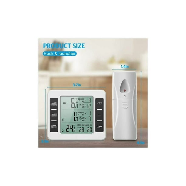 Thermomètre Frigo, Thermometre Réfrigérateur avec Alarme Congélateur,  Thermomètre Intérieur Extérieur Sans Fil avec 2 Capteurs, MIN/MAX et Alarme