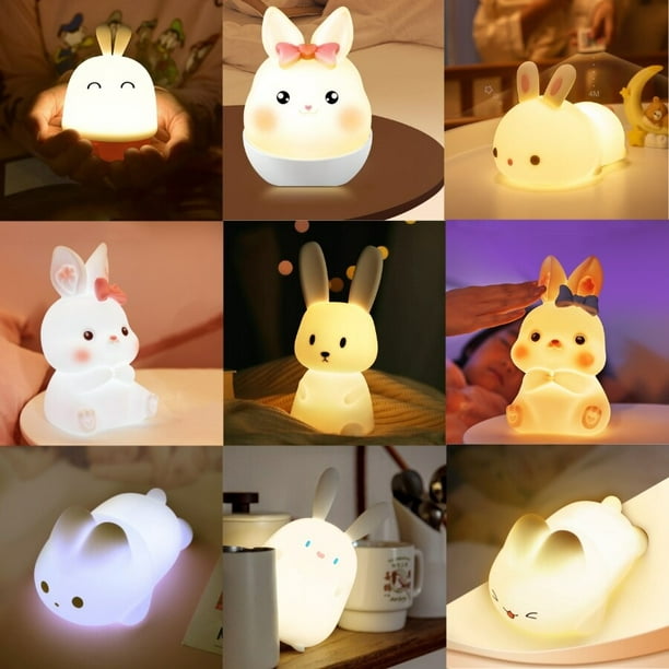 Luz LED de noche de conejo para niños, luces USB de animales de silicona,  lámpara de dormir de dormitorio regulable táctil, decoración de habitación,  lindos regalos para niños