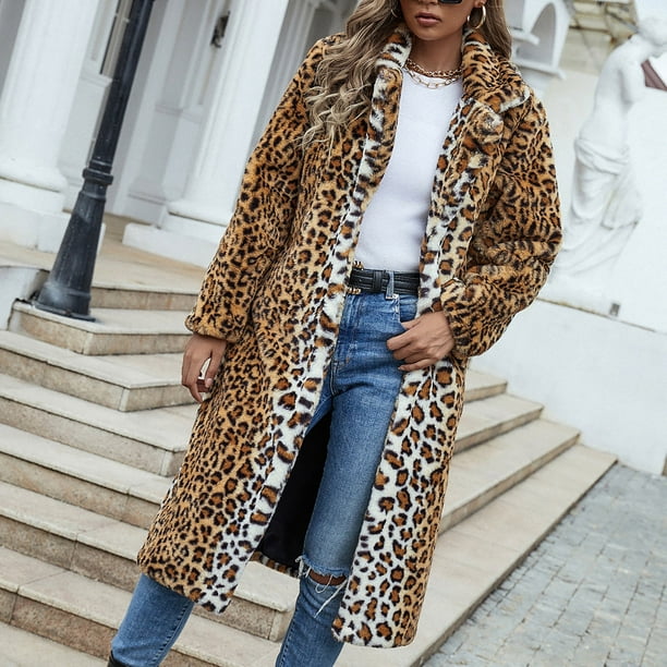 Abrigo cálido de piel sintética para mujer, chaqueta de invierno con cuello  vuelto de leopardo para mujer Fridja BV0+3111