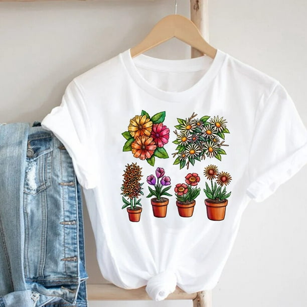  Camiseta con estampado Floral de flores de los   para mujer, ropa de calle de estilo de dibujos animados para mujer, camiseta estampada, camiseta gráfica para mujer Tan Jianjun unisex
