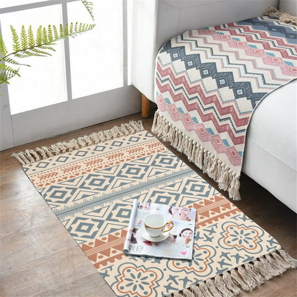 Alfombra interior y exterior, alfombra bohemia de algodón con flecos, alfombra  pequeña tejida a mano para sala de estar, dormitorio, alfombra de diseño  moderno para el hogar, 60x90 cm, ZefeiWu 8390614870208