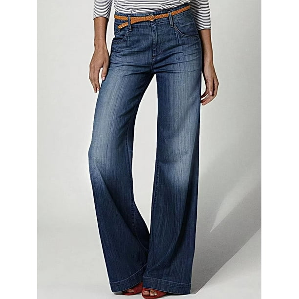 Pantalones vaqueros elásticos de cintura media para mujer con corte de bota  y bolsillo lavado Pantalones de mezclilla sin cinturón Bolsillo azul lavado  X-Large