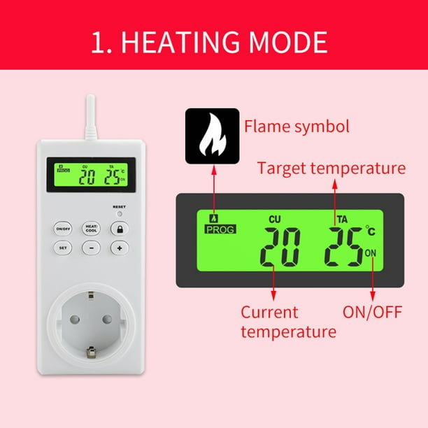 Termostato de enchufe inalámbrico, salida de termostato digital, pantalla  LCD, controlador de temperatura con modo de calefacción y refrigeración  para