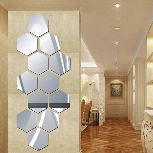 Adhesivo de pared con ajuste de espejo acrílico extraíble de 12 piezas para  , De plata 40x23mm Macarena adhesivo de pared hexagonal espejo