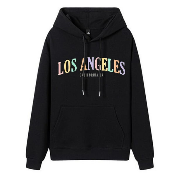 Sudadera con capucha con cordón y estampado de letras de Los Ángeles,  sudadera casual de manga larga con bolsillo, ropa de mujer