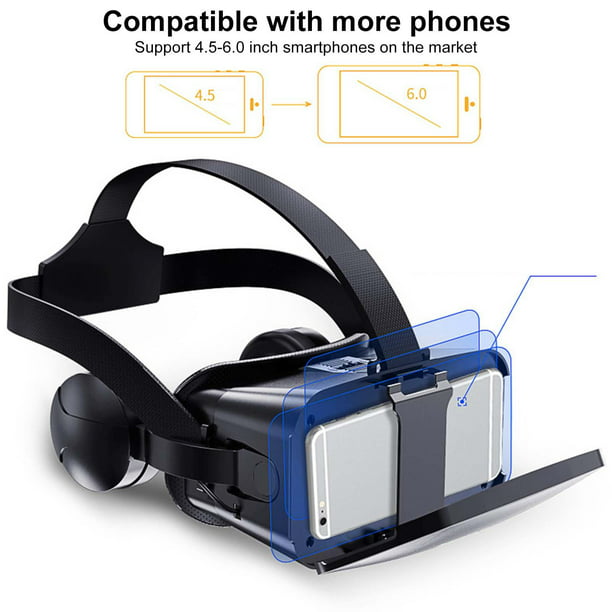  Gafas de realidad virtual: los lentes 3D de realidad virtual  están equipados con auriculares para teléfonos inteligentes de 4.5 a 6.0  pulgadas, gafas de realidad virtual Blu-ray VR (color negro) 