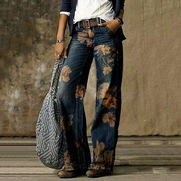Gibobby Jeans pantalones de mujer Pantalones de mujer Pantalones largos  casuales estampados Pantalones de(Amarillo,XL)