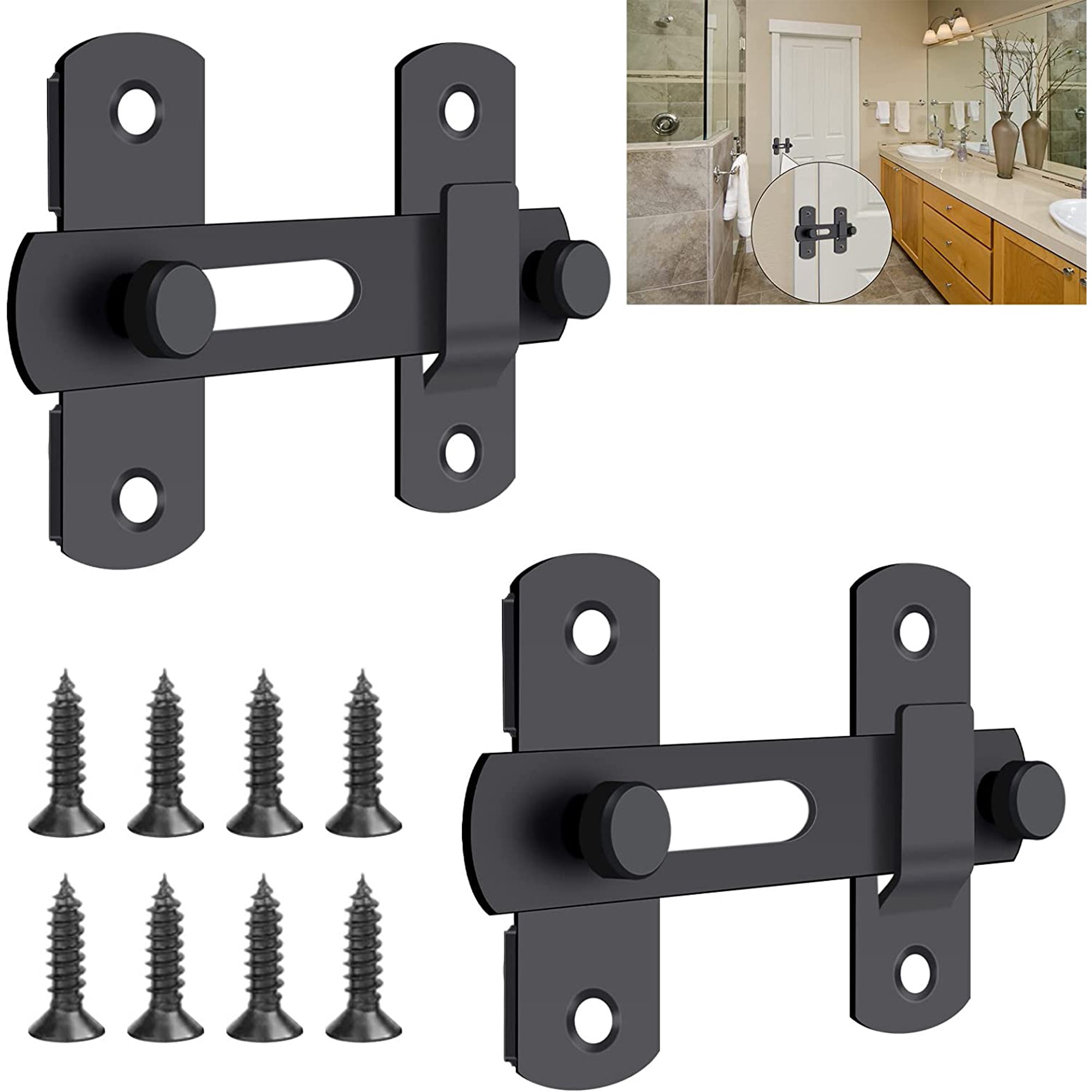 Paquete de 2 pestillos de puerta de acero inoxidable, soporte para puerta,  pestillo de seguridad para puerta (negro)