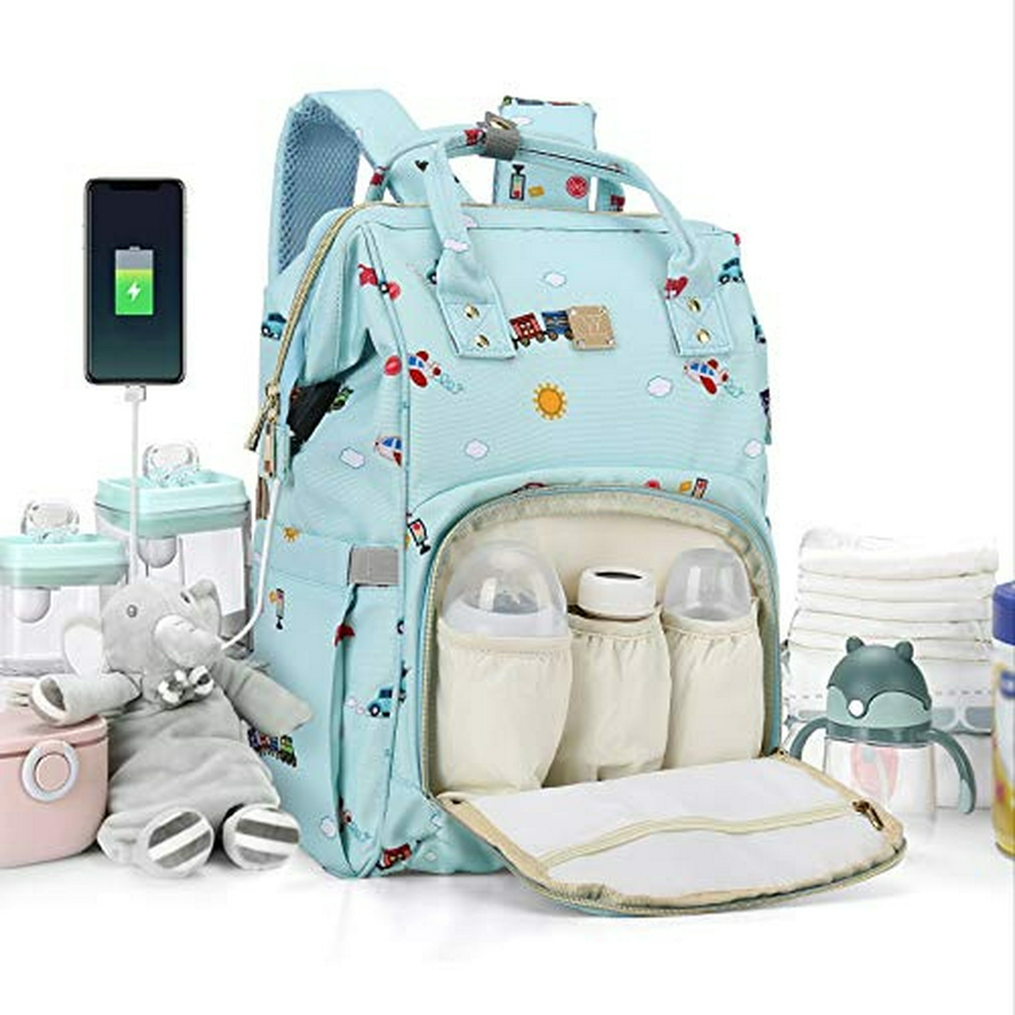 Bolsa pañales mochila bebé multifuncional, impermeable, maternidad con USB,  cochecito, azul