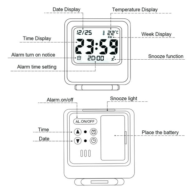 Reloj despertador digital de viaje de sobremesa plegable portátil con  calendario de temperatura Fecha Semana Negro