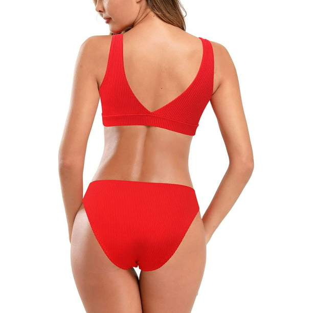 Conjunto de bikini deportivo para mujer, de dos piezas, acanalado