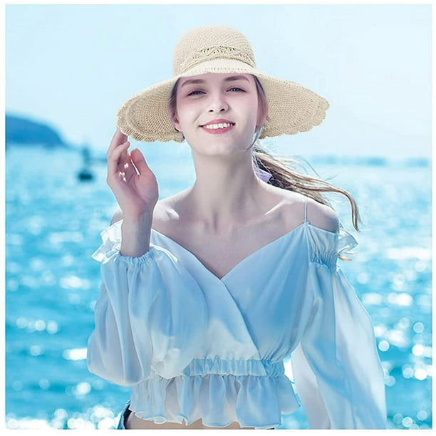 sombrero de sol para mujer, sombreros de paja plegables de ala ancha,  viseras para el sol para mujer, sombrero de playa con lazo de verano  Ofspeizc SM-386-2