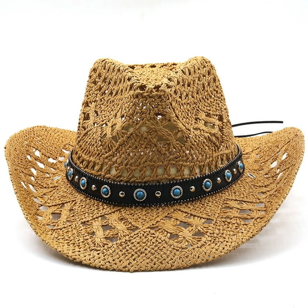 Sonducket Sombrero de paja de vaquero, sombrero de playa de ala ancha para  hombre, gorra de protección solar tejida a mano, Sombrero hueco para  Sombreros Caqui M (56-58 cm)