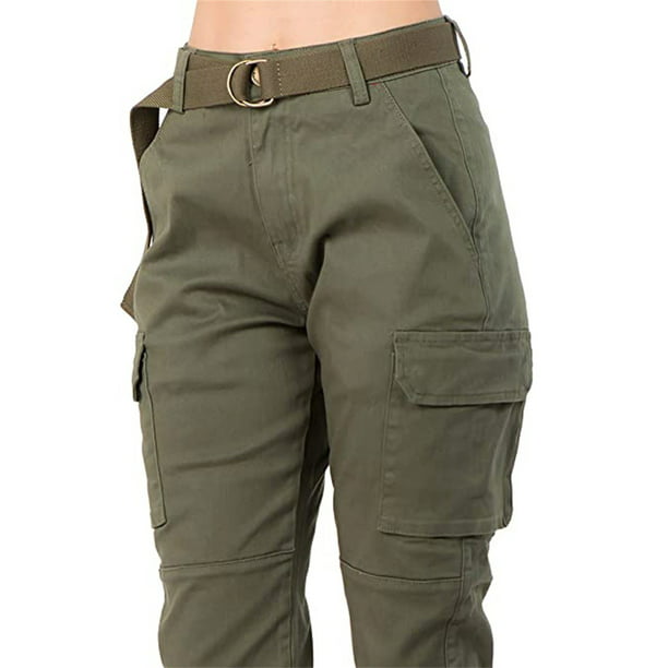 Puntoco - Pantalones cargo de color liso para mujer, cintura alta,  ajustados, con cinturón a juego Puntoco Puntoco-2743