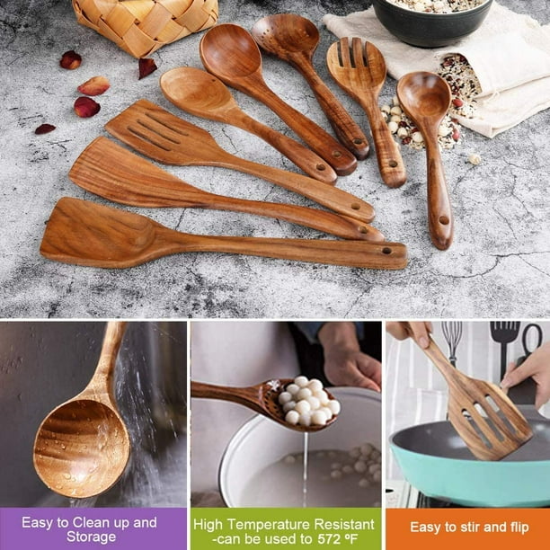  Juego de utensilios de cocina de silicona (6 piezas) de  utensilios de cocina de madera natural, respetuosos con el medio ambiente y  sin BPA, no rayan y antiadherentes, herramientas de cocina
