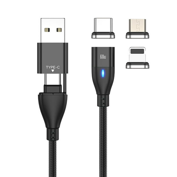 RV 1 x Cable USB magnético negro para carga rápida PD60W Cable de 2m +  (Android, TYPE-C, Apple) 3 cabezales magnéticos (6 combinaciones) USB C a USB  C, Micro USB, iP 
