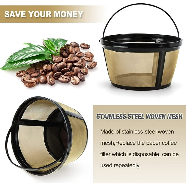 Filtros de café reutilizables, paquete de 2 filtros de café de cesta de 8 a  12 tazas, filtros de café de repuesto con fondo de malla de acero