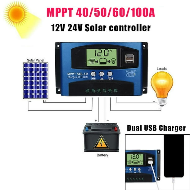 Controlador de carga solar 100A, regulador inteligente de batería de panel solar  12V 24V, controlador de