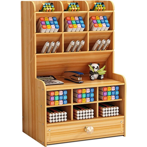 Flexzion Organizador de escritorio de madera con cajones, accesorios  clásicos de madera para oficina, organizador de mesa, estante clasificador
