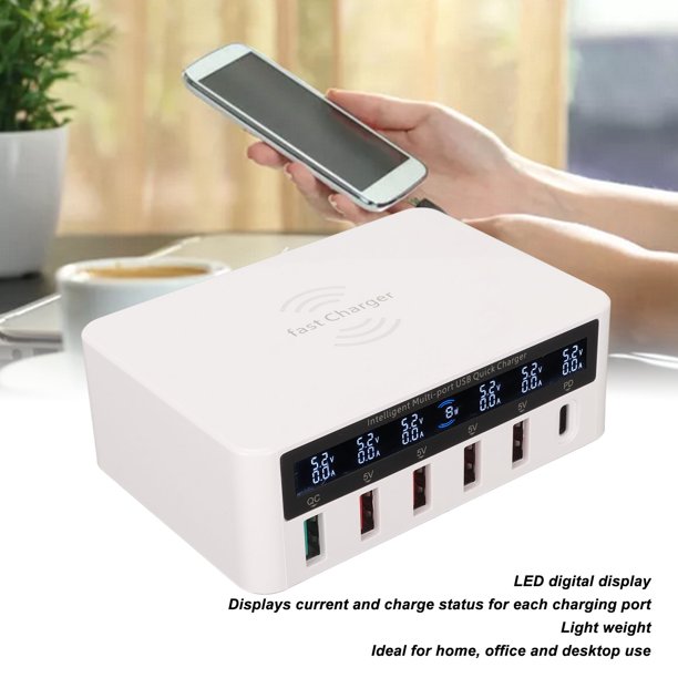 Estación de carga de 8 puertos de 100 W para múltiples dispositivos con 4  puertos USB C PD QC3.0+4, cargador inalámbrico, concentrador de carga  rápida