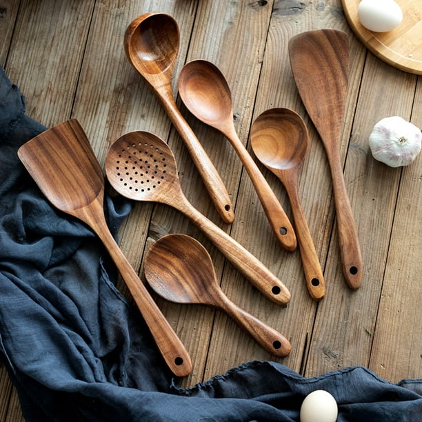  Cucharas de madera para cocinar, 7 utensilios de madera para  cocinar, juego de utensilios de cocina de madera de teca, utensilios de  cocina de madera, espátula de madera para cocinar 
