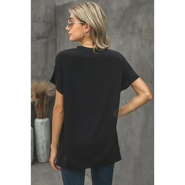  Camiseta negra para mujer, manga abombada, cuello