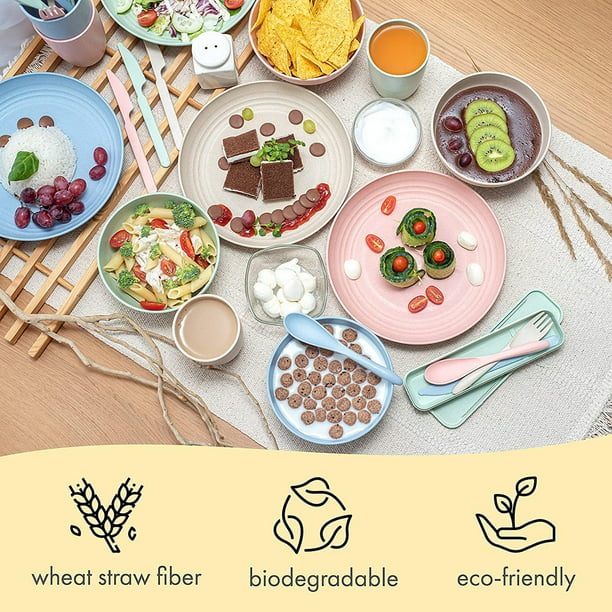 Juego de vajilla de paja de trigo de 48 piezas para 6 – Platos de plástico  irrompibles para viajes, picnic, camping, platos coloridos para cena