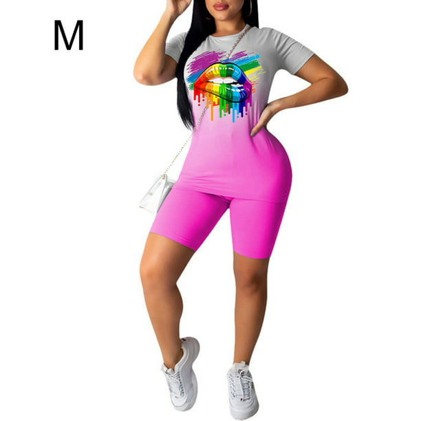 Conjunto de ropa deportiva para mujer, conjunto de pantalones cortos con top  de yoga, camiseta deportiva de manga corta, rosa roja, M Vogacara  AP002243-06