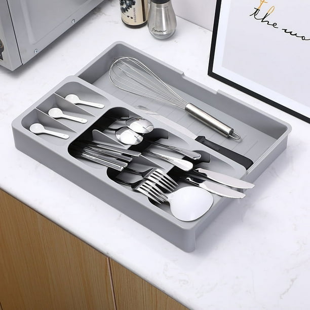 Cajón de cocina organizador de cubiertos y utensilios, bandeja deslizable  para cubiertos, soporte de almacenamiento ajustable para cucharas,  tenedores y cuchillos de plástico, gris JAMW Sencillez