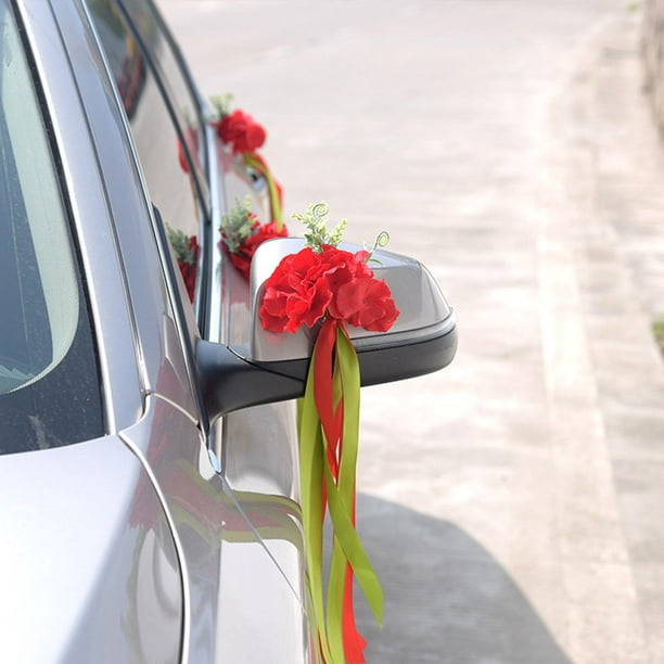 DIY boda coche flor artificial cinta y flor bola coche boda