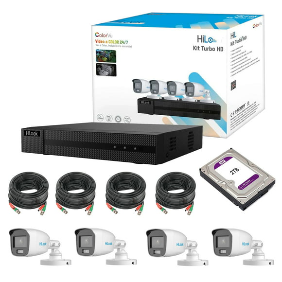 kit de video vigilancia hilook dvr 1080p 4 canales camaras tipo bala colorvu hl1080cva  disco duro de 2 tb