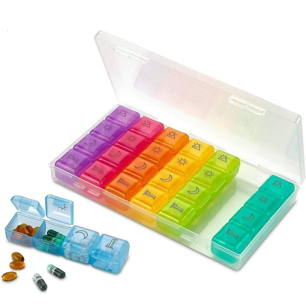 Pastillero caja medicina semanal x4 Lunes-Domingo 4 colores plástico 21.5 x  12.3 x 3 cm organizador medicamentos 28 compartiment