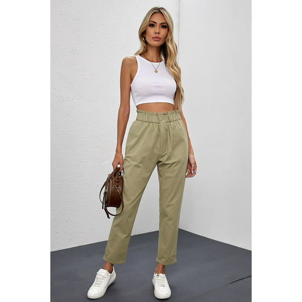 ABPHQTO Pantalones informales con bolsillos en la cintura y cintura alta  color caqui para mujer