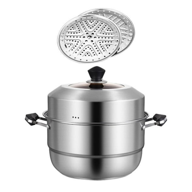 Olla de vapor para cocinar de 11 pulgadas, ollas de vapor con tapa, 2  niveles, multiusos, de acero inoxidable, utensilios de cocina con mango  para