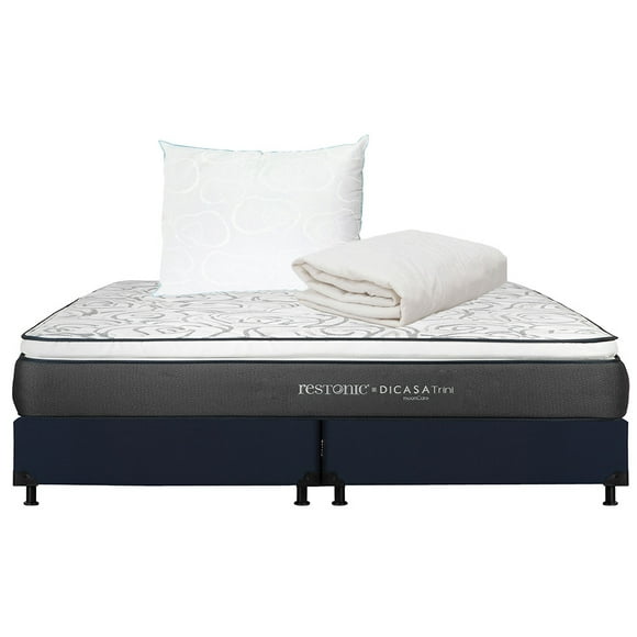 colchón king size trini  box blu  protector de colchón  almohada de osos restonic dicasa trust
