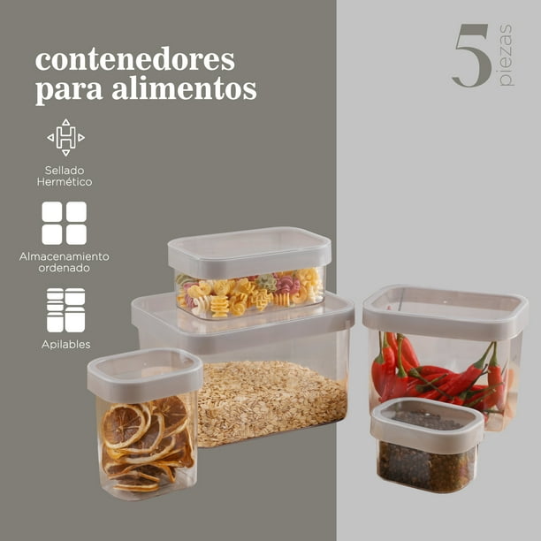 5 Contenedores De Alimentos Con Tapas Plastico Recipientes Para