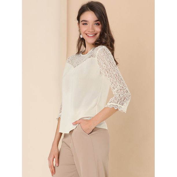 Blusas elegantes para mujer con cuello alto y manga larga con panel de  encaje blanco S Unique Bargains Blusa