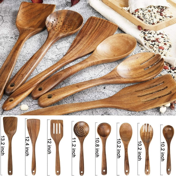 Utensilios de madera para cocinar: 8 utensilios de cocina de madera de teca  natural, juego de utensilios de cocina de madera, cucharas de madera para