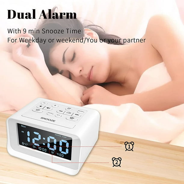 Radio Reloj con Alarma Dual, Reloj Despertador Digital con 2 Puertos de  Carga USB, 0-100% Regulable, Volumen Ajustable, Termómetro Interior  (Blanco) ER