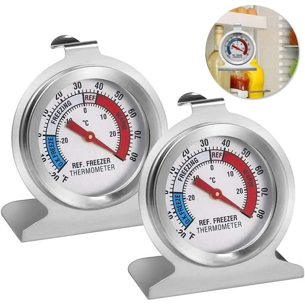Termómetro para refrigerador, paquete de 2 termómetros para nevera,  termómetro de acero inoxidable con indicador rojo, termómetros de esfera  grande