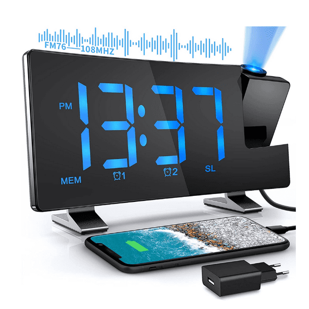 Reloj despertador de proyección, 2 juegos de reloj electrónico, proyector  de techo, proyector de luz nocturna para alarma dual con cargador USB,  reloj