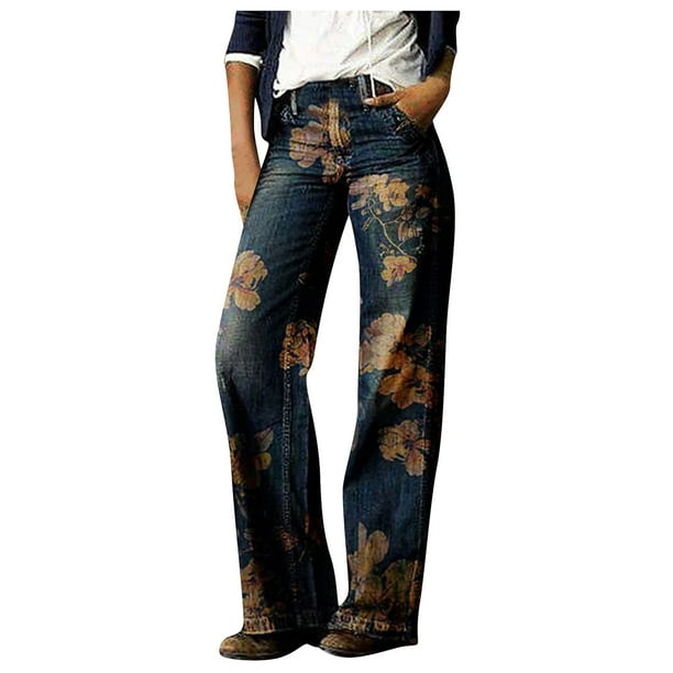 Gibobby Jeans pantalones de mujer Pantalones de mujer Pantalones largos  casuales estampados Pantalones de(Amarillo,XL)
