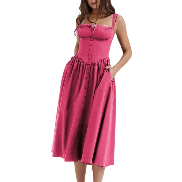 Vestido Largo Túnica Vestido ajustado de mujer Estilo sexy Vestido de encaje  elegante Una línea Botón Traje de vacaciones Cgtredaw Rosa Roja S para Mujer