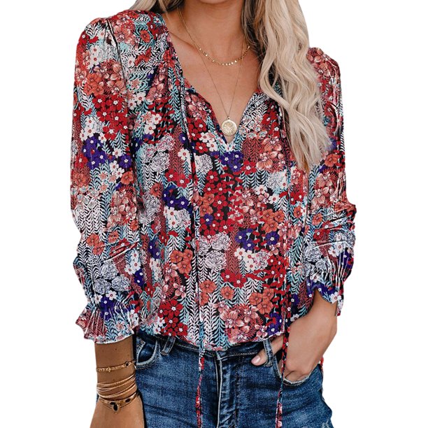 Blusa Mujer Casual Tipo Camisa Manga Larga Abullonada Flores